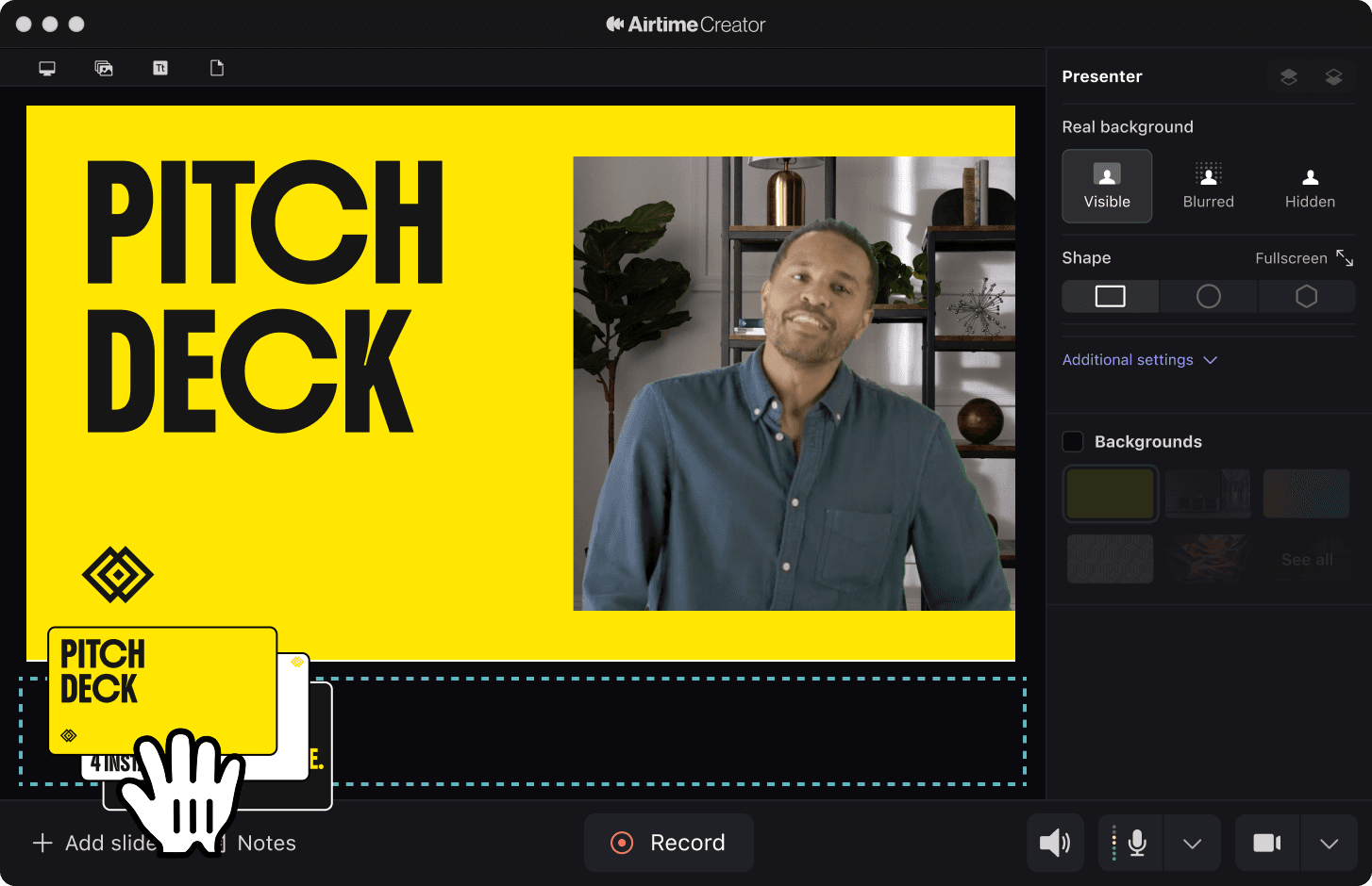 Creator UI with a pitch presentation