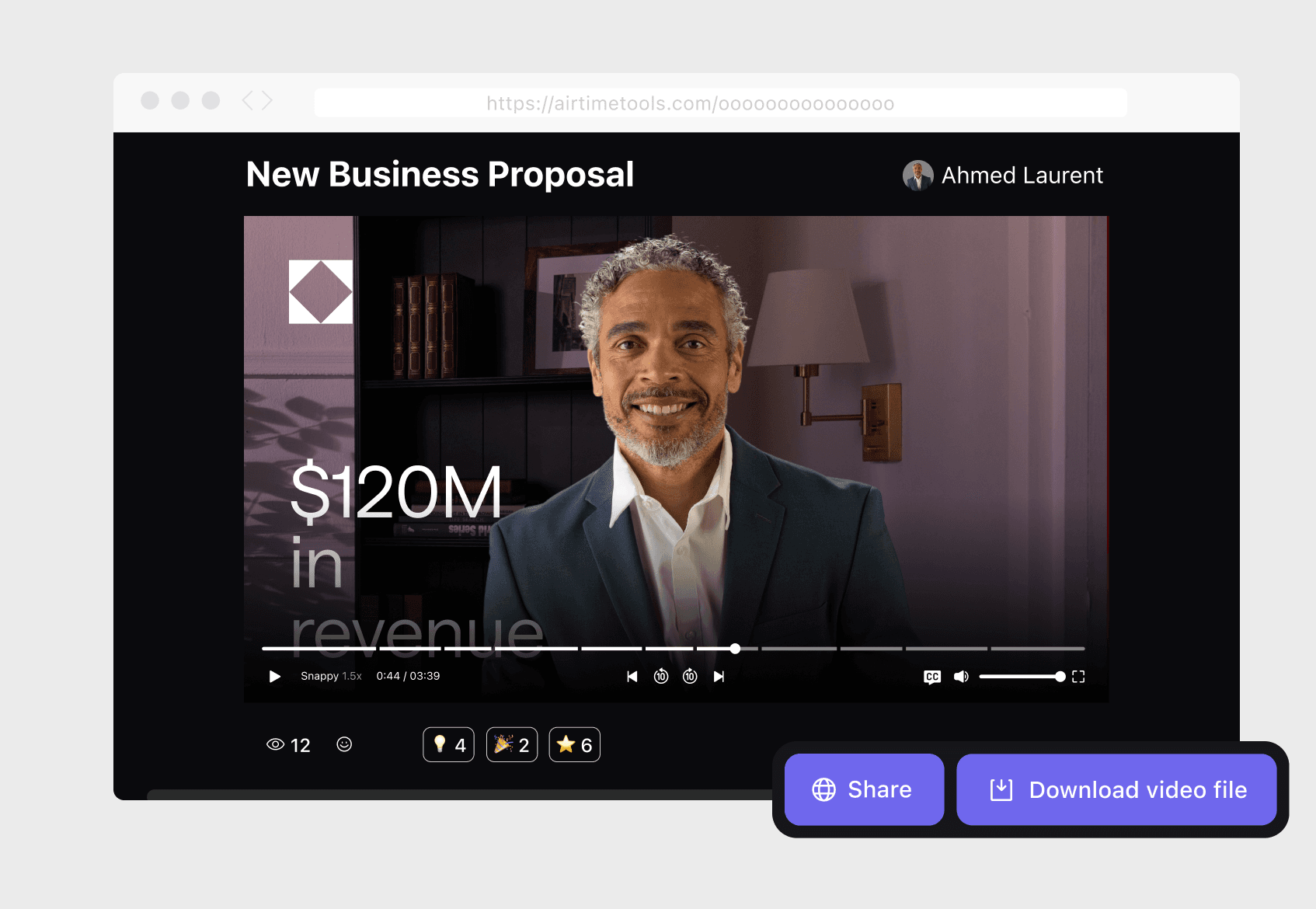 Viewing a presentation made my Airtime Creator, highlighting the share and download buttons